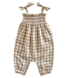 Tan Gingham / Organic Smocked Jumpsuit (Baby - Kids)