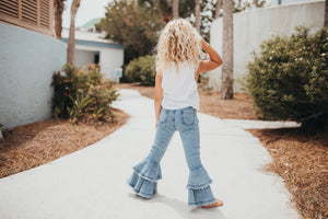 Denim Double Ruffle Jeans Pants- Light Wash