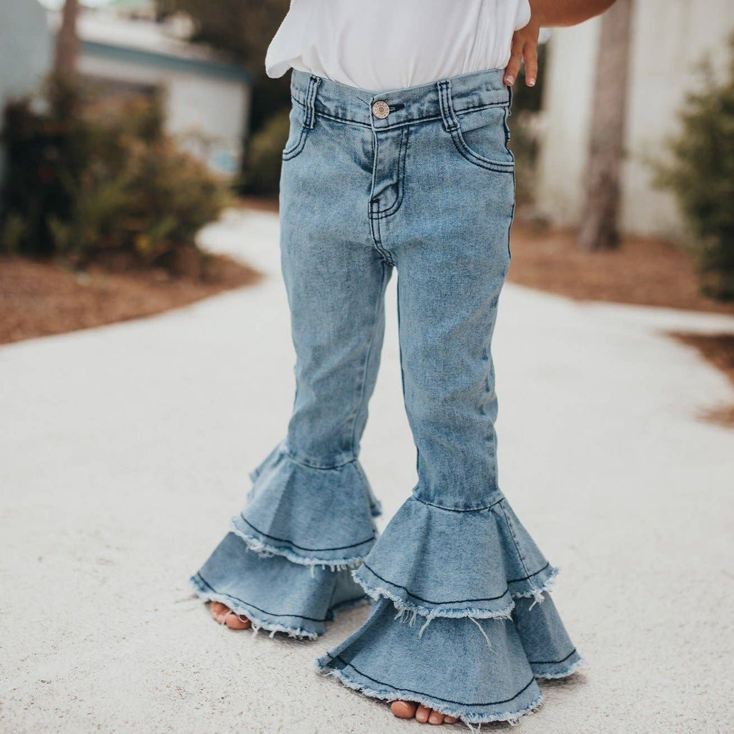 Denim Double Ruffle Jeans Pants- Light Wash