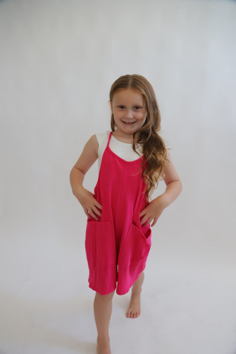 Overall cotton Romper/Hot pink