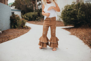 Denim Double Ruffle Pant Jeans- Khaki