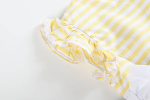 Girls Yellow Striped Gingham Ruffle bow dress