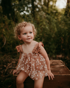 Dixie Sleeveless Mesh Romper - Mocha Daisies