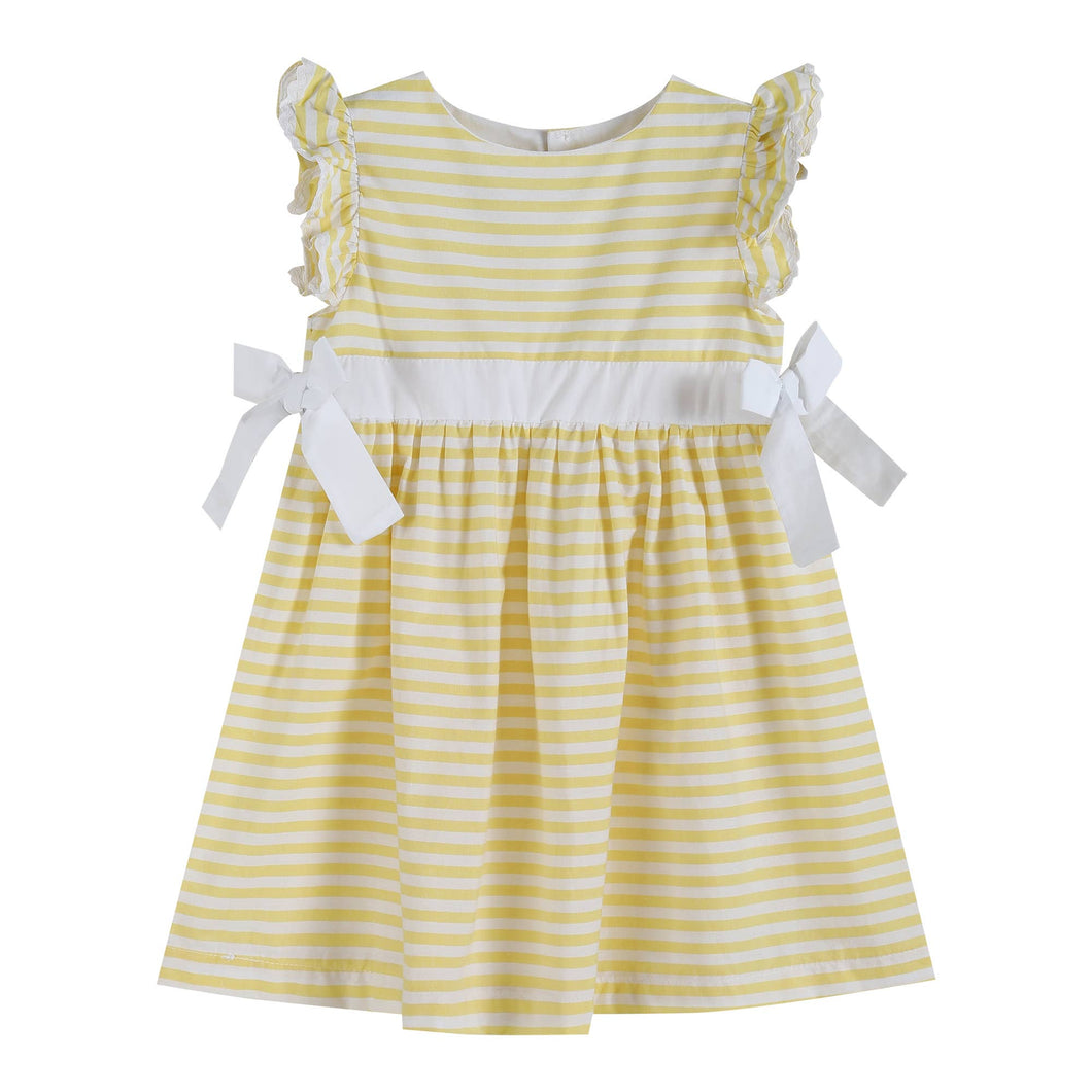Girls Yellow Striped Gingham Ruffle bow dress