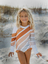 Load image into Gallery viewer, Girls Rainbow Stripe zip rash guard swimsuit
